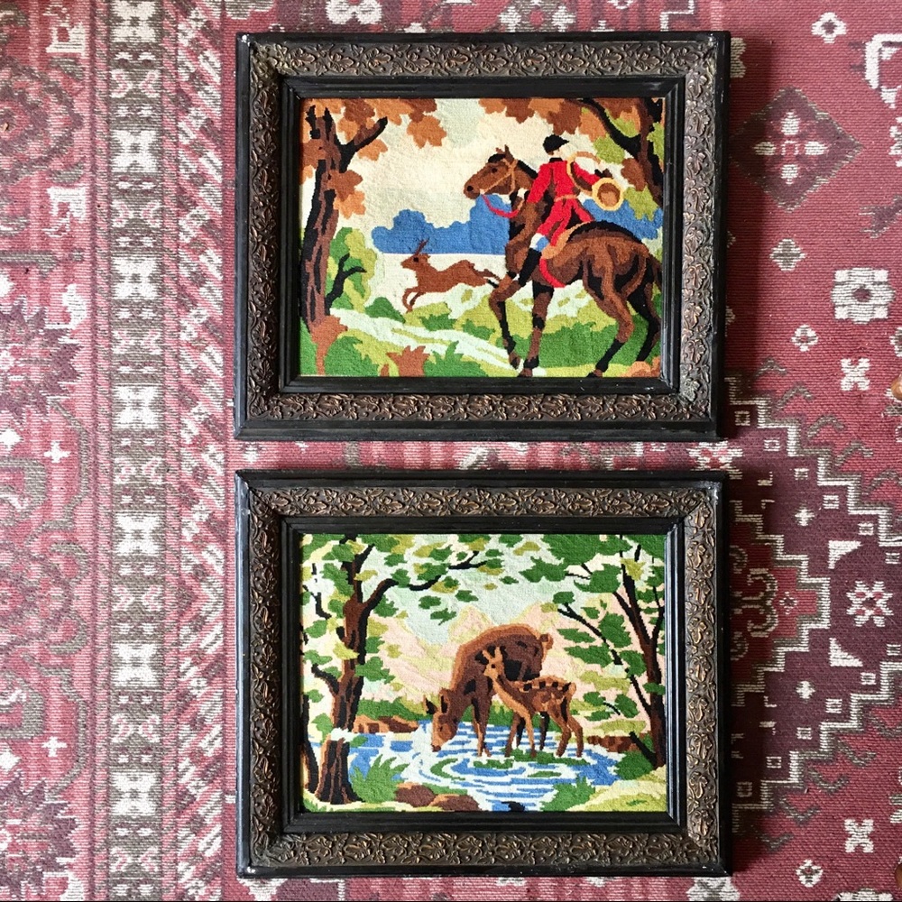 Set of 2 framed antique tapestries